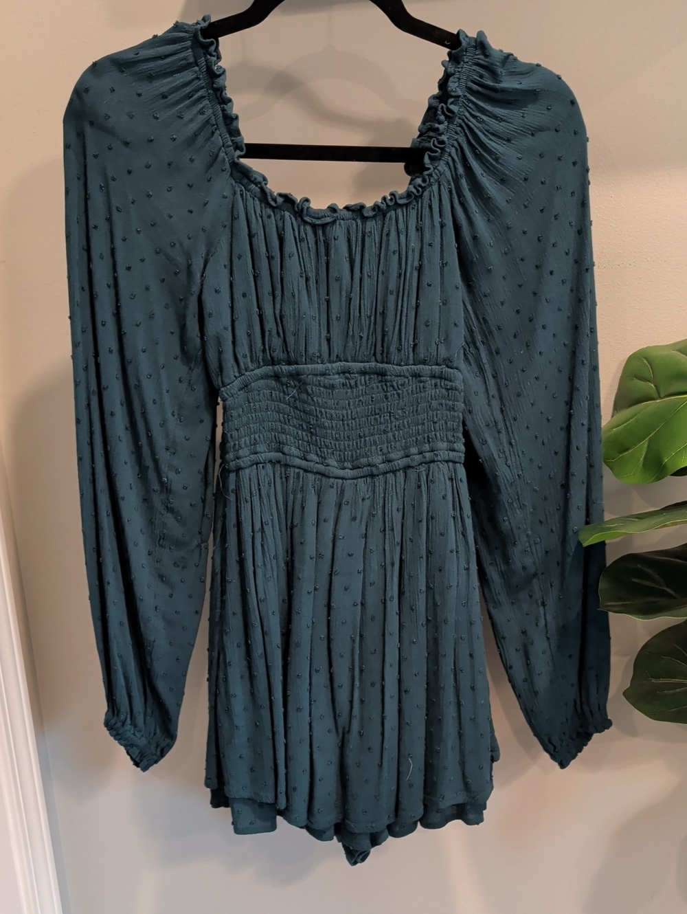 Hollister Teal Long-Sleeve Swiss Dot Smocked Waist Dress/Romper